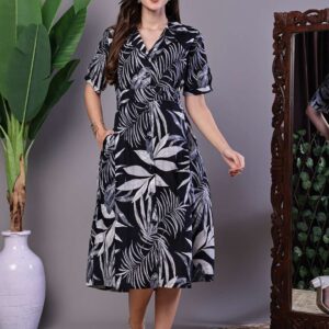 Women's Tropical Palm Print Black & White Cotton Shirt Dress